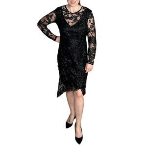 DONNA KARAN Black Lace Pattern Floral Midi Dress Women's Size 8 NWT Sequin Glam